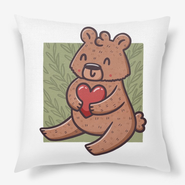 Подушка «Милый медведь с сердцем на фоне листьев»