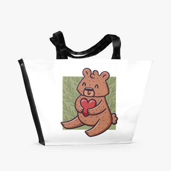 Пляжная сумка «Милый медведь с сердцем на фоне листьев»