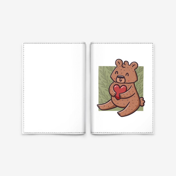 Обложка для паспорта «Милый медведь с сердцем на фоне листьев»