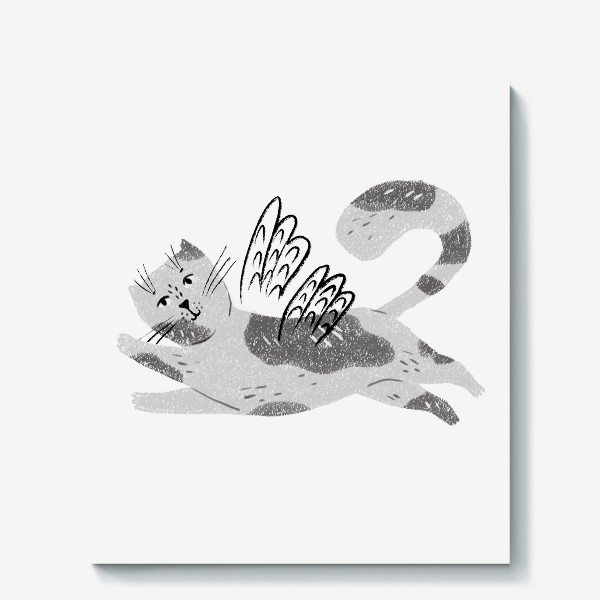 Холст «Летающий серый рисованныйкотик. Смешные коты и кошки»
