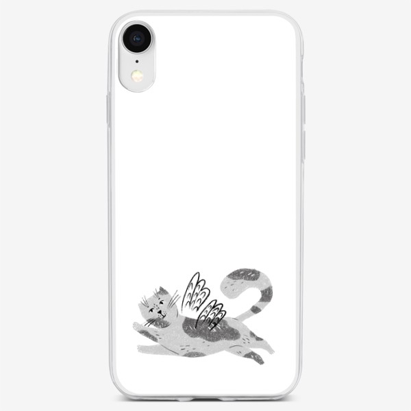Чехол iPhone «Летающий серый рисованныйкотик. Смешные коты и кошки»