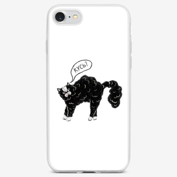 Чехол iPhone «Прикольный принт с черным котиком, надпись "Кусь", смешные и милые коты и кошки»