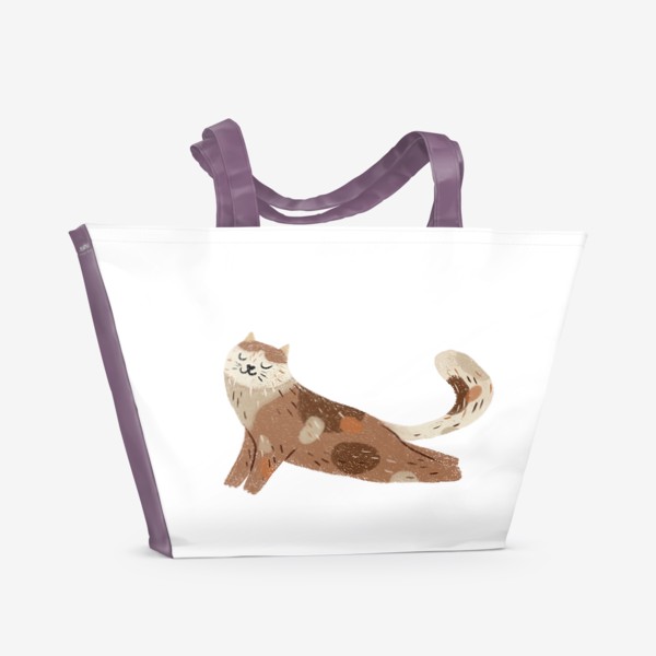 Пляжная сумка «Милый улыбающийся котик потягивается. Смешные рисованные коты»