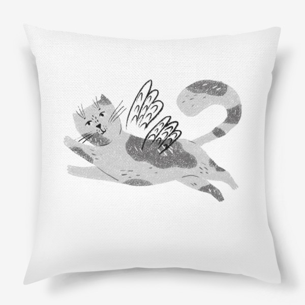 Подушка «Летающий серый рисованныйкотик. Смешные коты и кошки»