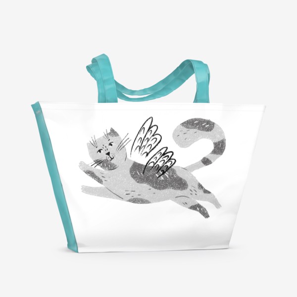 Пляжная сумка «Летающий серый рисованныйкотик. Смешные коты и кошки»