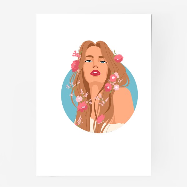 Постер «Девушка с розовыми цветами »