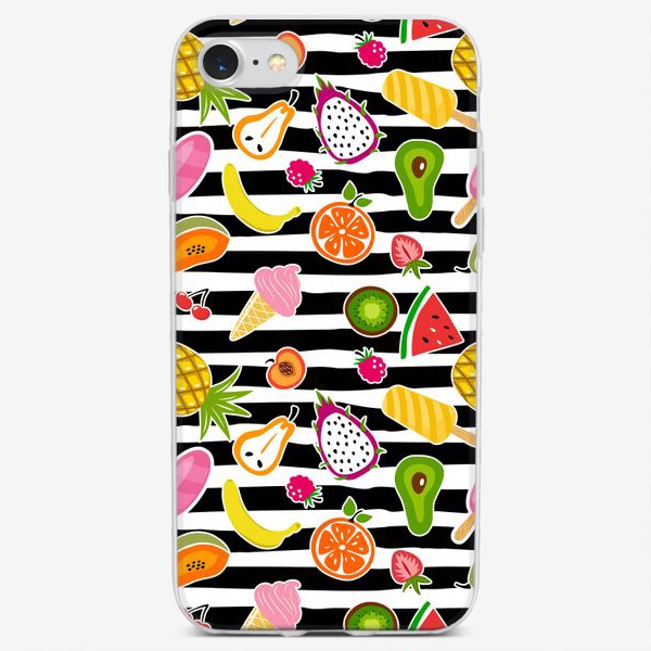 Чехол iPhone «Ягоды, фрукты и мороженое на полосатом фоне»