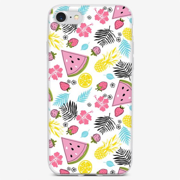 Чехол iPhone «Дольки арбуза, листья, цветы и ягоды. Летний принт»