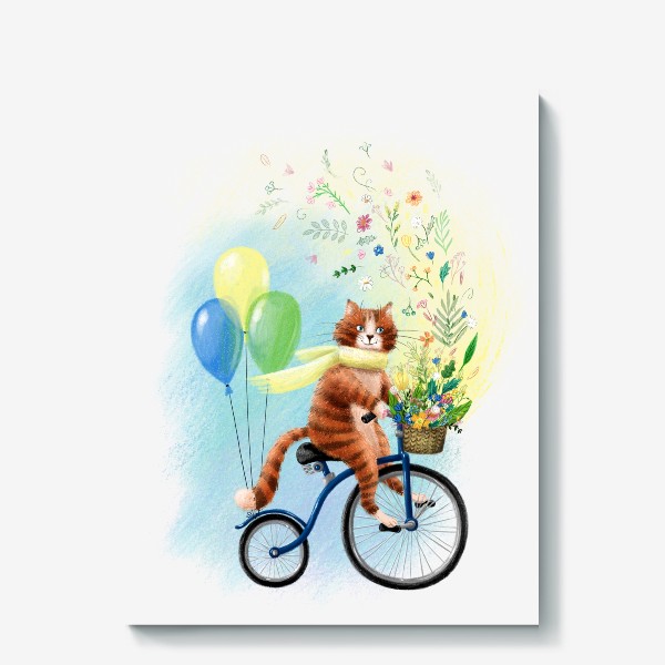 Холст «Милый рыжий котик на велосипеде с шариками и корзиной цветов, солнечный, яркий, жизнерадостный весенний или летний принт»
