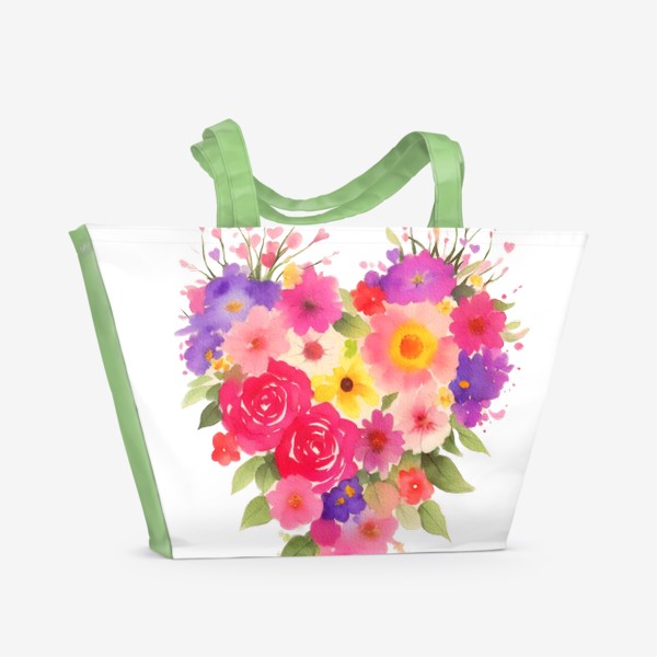 Пляжная сумка &laquo;Акварельные цветы. Букет Сердце из цветов 1&raquo;