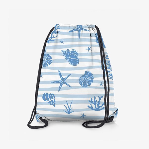 Рюкзак «Ракушки, морские звезды, кораллы и водоросли на полосатом фоне. Летний принт»
