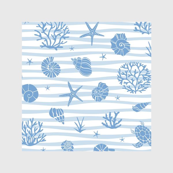 Скатерть «Ракушки, морские звезды, кораллы и водоросли на полосатом фоне. Летний принт»