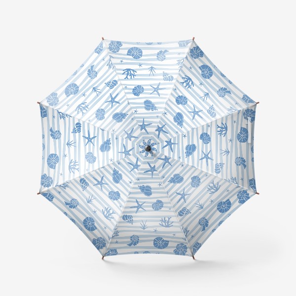 Зонт &laquo;Ракушки, морские звезды, кораллы и водоросли на полосатом фоне. Летний принт&raquo;