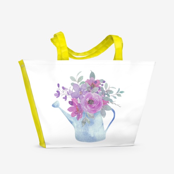 Пляжная сумка «Голубая лейка с красивыми цветами, легкий и нежный весенний или летний акварельный принт»