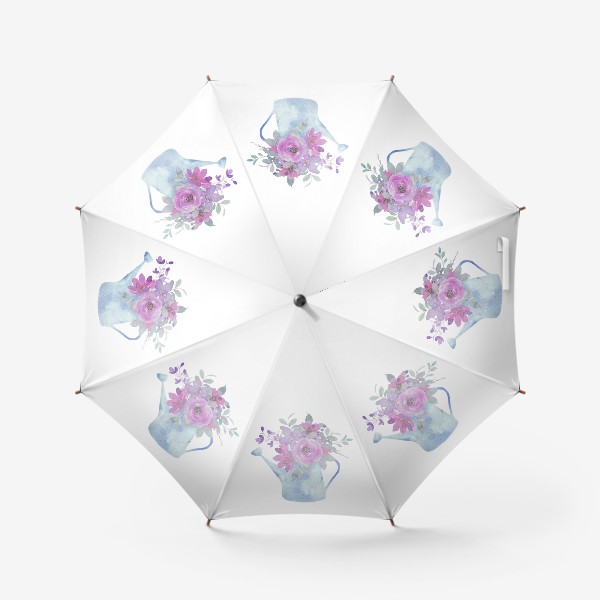 Зонт «Голубая лейка с красивыми цветами, легкий и нежный весенний или летний акварельный принт»