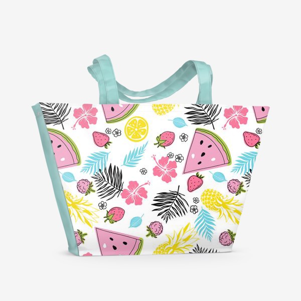 Пляжная сумка «Дольки арбуза, листья, цветы и ягоды. Летний принт»