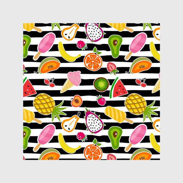 Шторы «Ягоды, фрукты и мороженое на полосатом фоне»