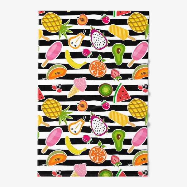 Полотенце «Ягоды, фрукты и мороженое на полосатом фоне»