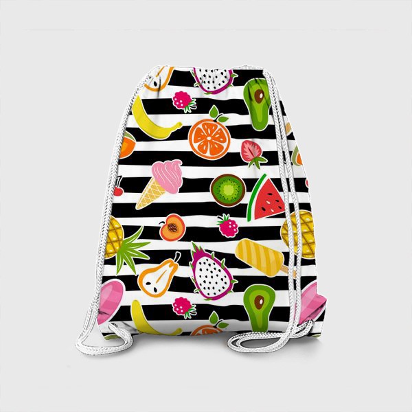 Рюкзак «Ягоды, фрукты и мороженое на полосатом фоне»