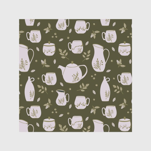 Скатерть «Ретро-принт с керамической посудой и растениями на темном фоне»