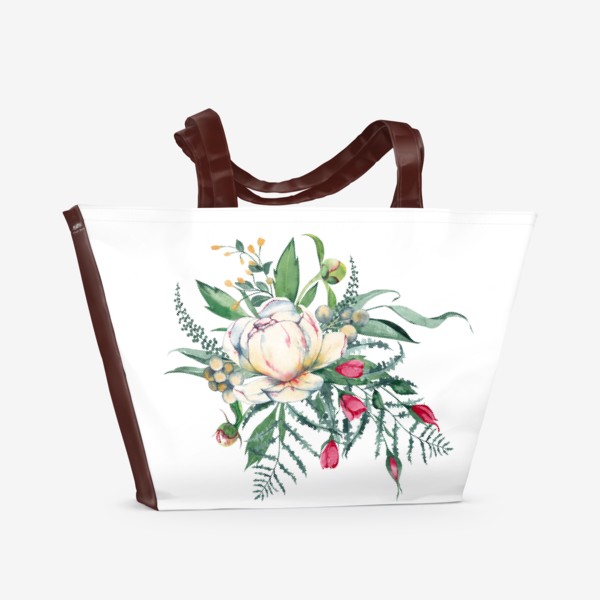 Пляжная сумка «Пион и бутоны роз. Букет весенних садовых цветов.»
