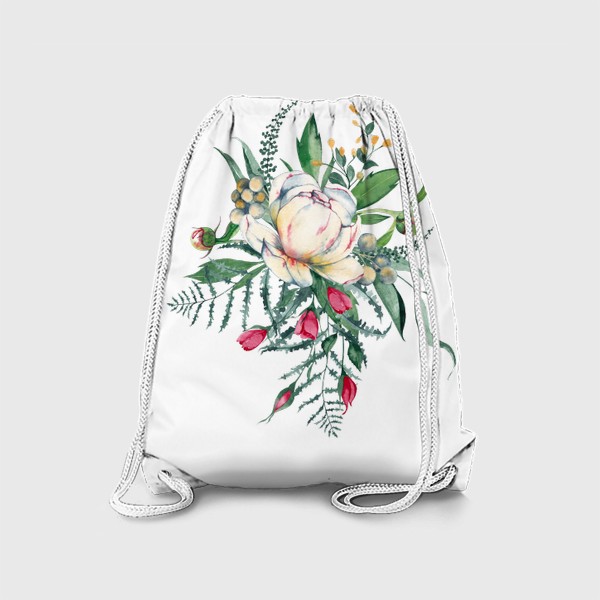 Рюкзак «Пион и бутоны роз. Букет весенних садовых цветов.»
