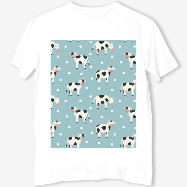 Футболка «Молочные коровы и горошек для ребенка Принт с милыми коровами на голубом фоне для детей»