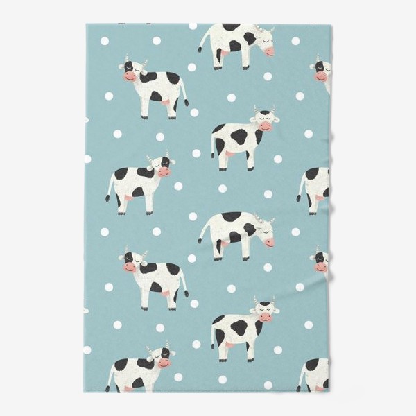 Полотенце «Молочные коровы и горошек для ребенка Принт с милыми коровами на голубом фоне для детей»