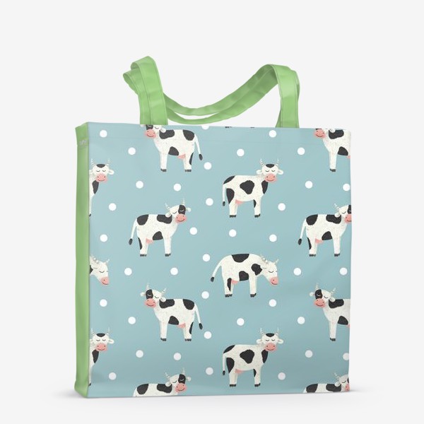 Сумка-шоппер «Молочные коровы и горошек для ребенка Принт с милыми коровами на голубом фоне для детей»