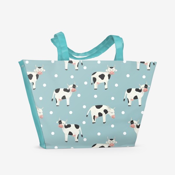 Пляжная сумка «Молочные коровы и горошек для ребенка Принт с милыми коровами на голубом фоне для детей»