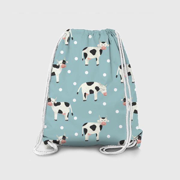 Рюкзак «Молочные коровы и горошек для ребенка Принт с милыми коровами на голубом фоне для детей»