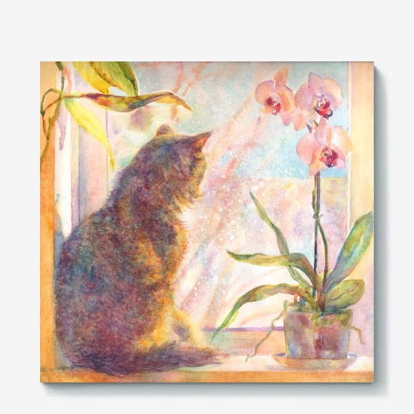 Холст «Котик на окошке ,закат , весна ,орхидея »