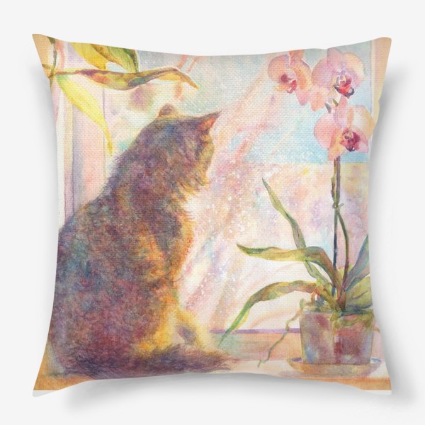 Подушка «Котик на окошке ,закат , весна ,орхидея »