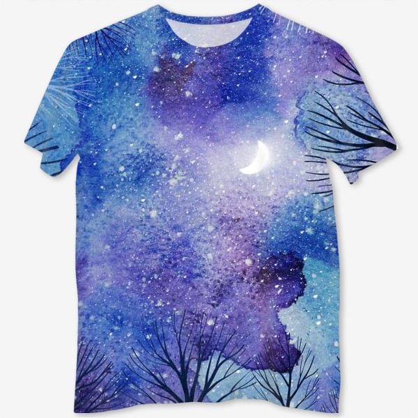 Футболка с полной запечаткой «Красивое ночное акварельное небо с луной, звездами и силуэтами деревьев»