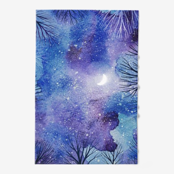 Полотенце «Красивое ночное акварельное небо с луной, звездами и силуэтами деревьев»