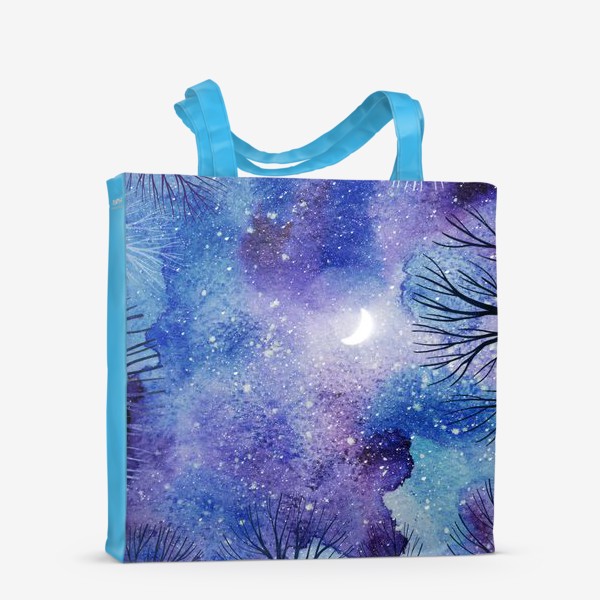 Сумка-шоппер «Красивое ночное акварельное небо с луной, звездами и силуэтами деревьев»