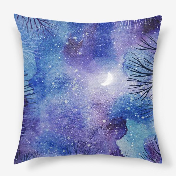 Подушка «Красивое ночное акварельное небо с луной, звездами и силуэтами деревьев»