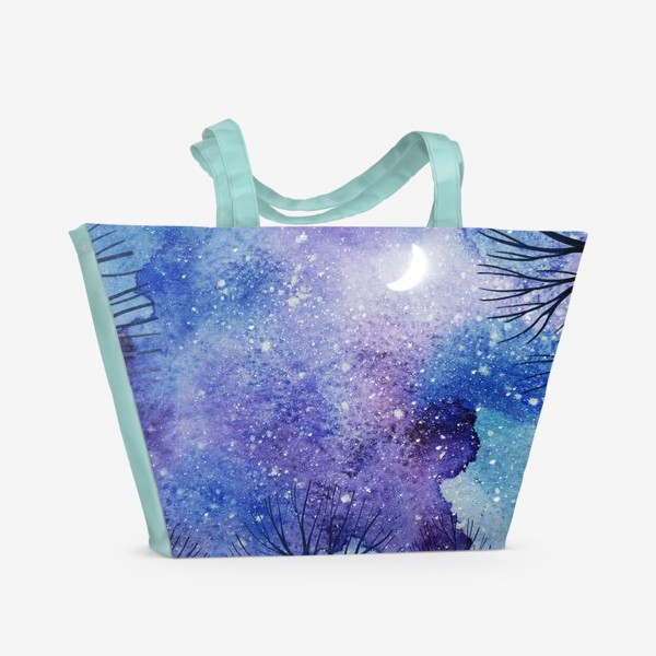 Пляжная сумка «Красивое ночное акварельное небо с луной, звездами и силуэтами деревьев»