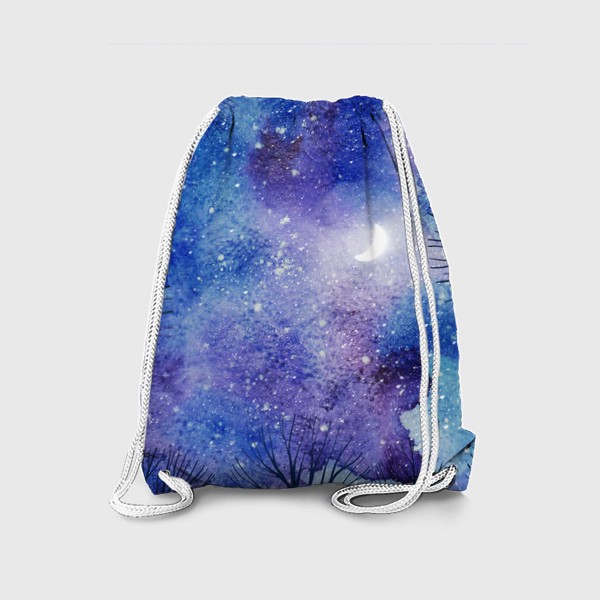 Рюкзак «Красивое ночное акварельное небо с луной, звездами и силуэтами деревьев»