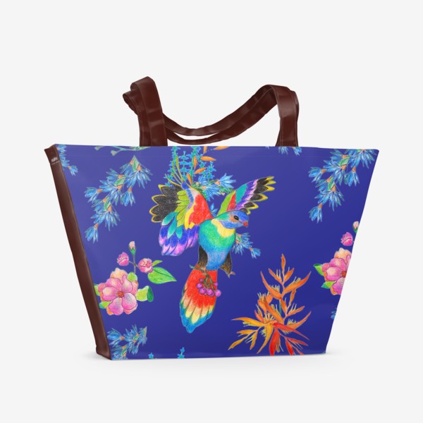 Пляжная сумка «Яркие птицы на синем»