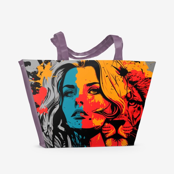 Пляжная сумка &laquo;Девушка Лев - стильный поп-арт с пятнами краски. Знаки зодиака&raquo;