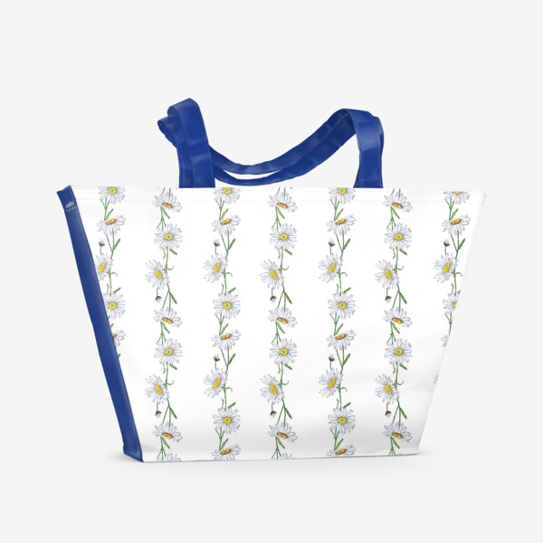 Пляжная сумка &laquo;Белые садовые ромашки Летний бесшовный паттерн в полоску Дачные цветы&raquo;