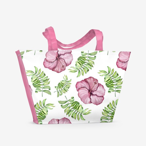 Пляжная сумка «Паттерн с гибискусом и листьями пальмы. Акварель»