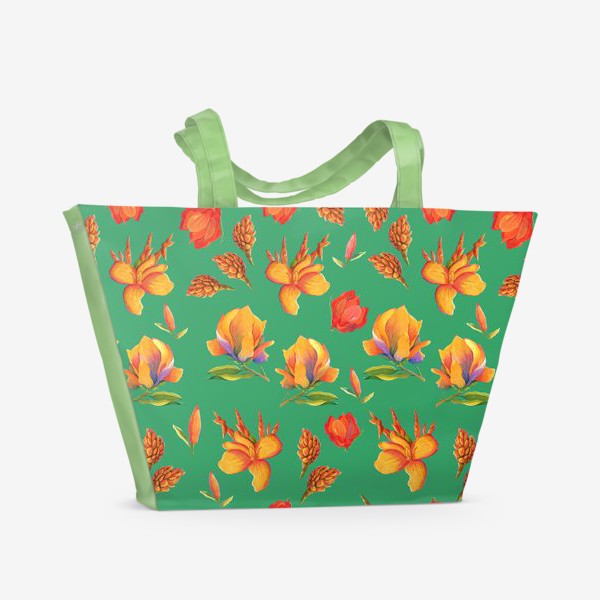 Пляжная сумка «Тропики цветов на зеленом»