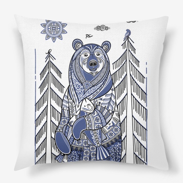 Подушка «Медведь с рыбой в стиле мезенской росписи»