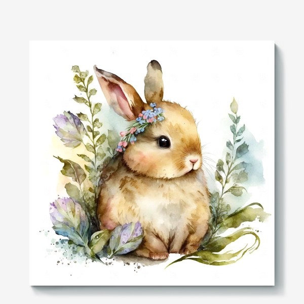 Холст «Весенний акварельный кролик в траве»