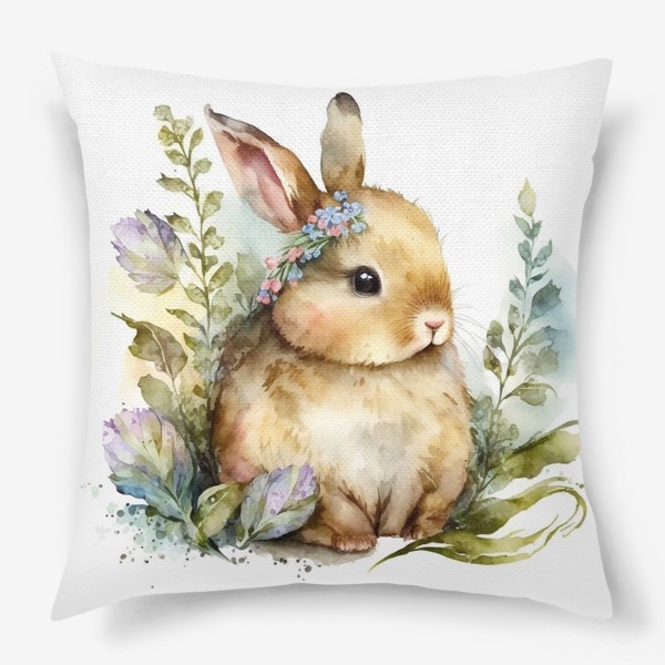 Подушка «Весенний акварельный кролик в траве»