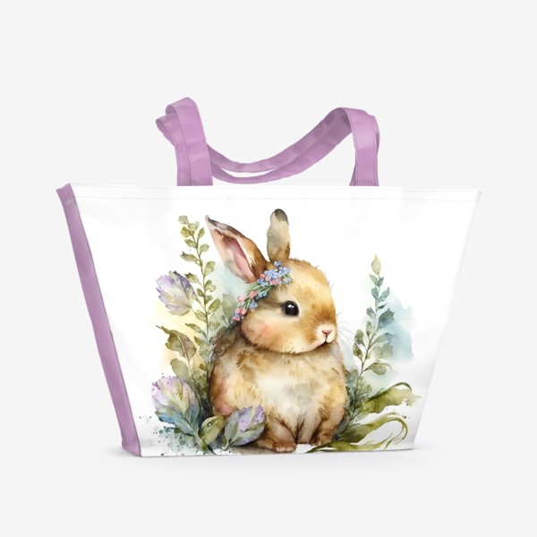 Пляжная сумка «Весенний акварельный кролик в траве»