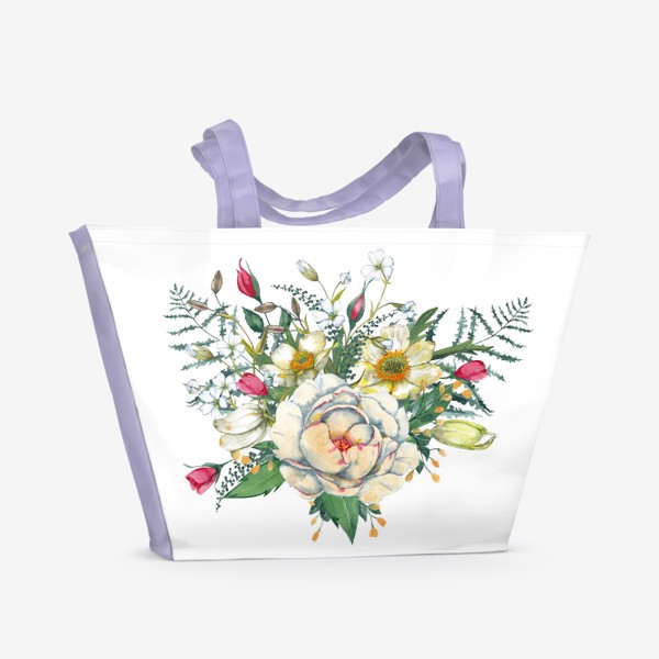 Пляжная сумка «Пионы, анемоны и бутоны роз. Букет весенних садовых цветов.»