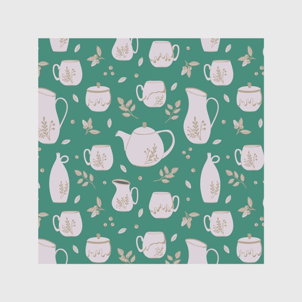 Скатерть «Паттерн с керамической посудой и растениями на зеленом фоне»
